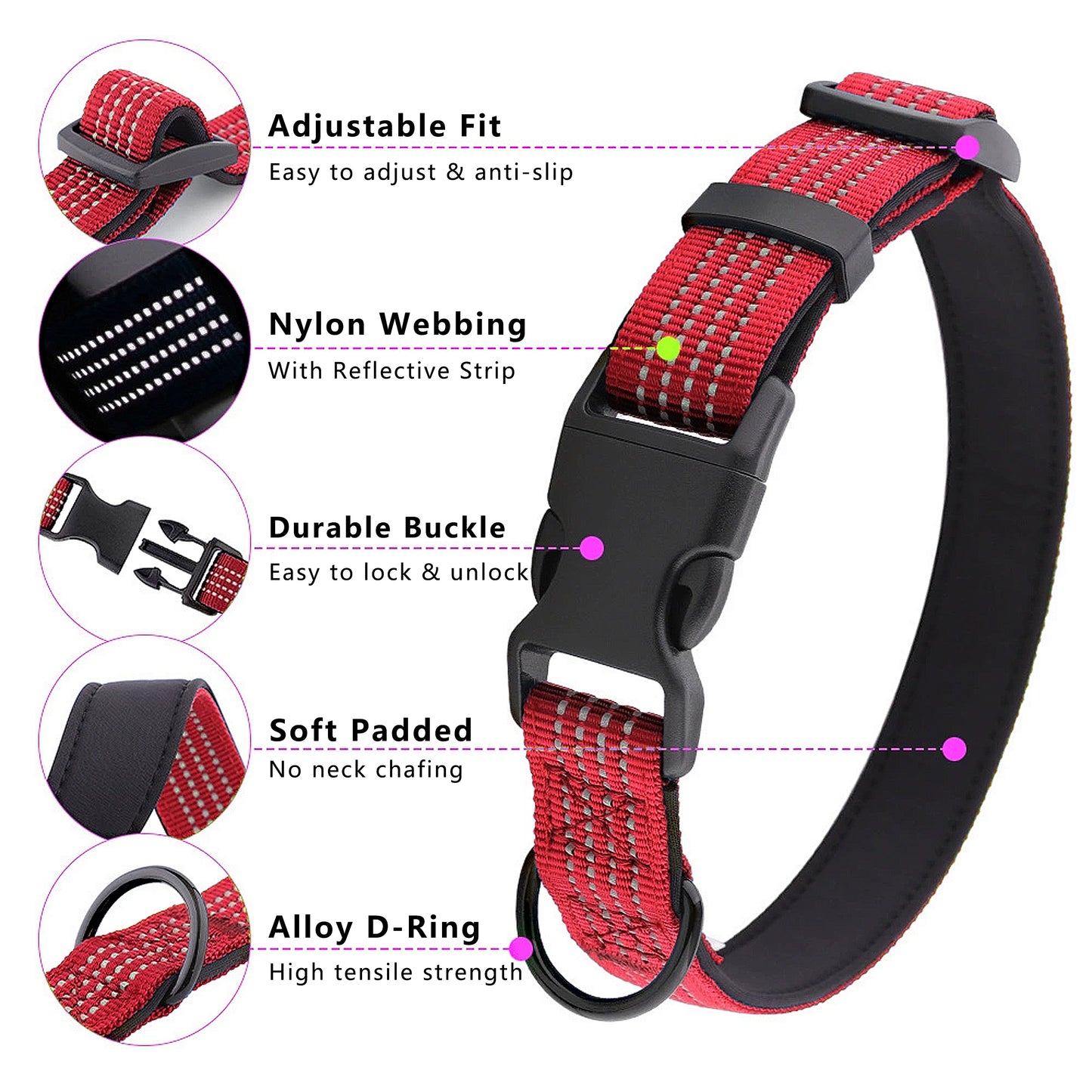 Dog Collar Reflective Soft Padded Adjustable Comfort Nylon Collars for All Breeds