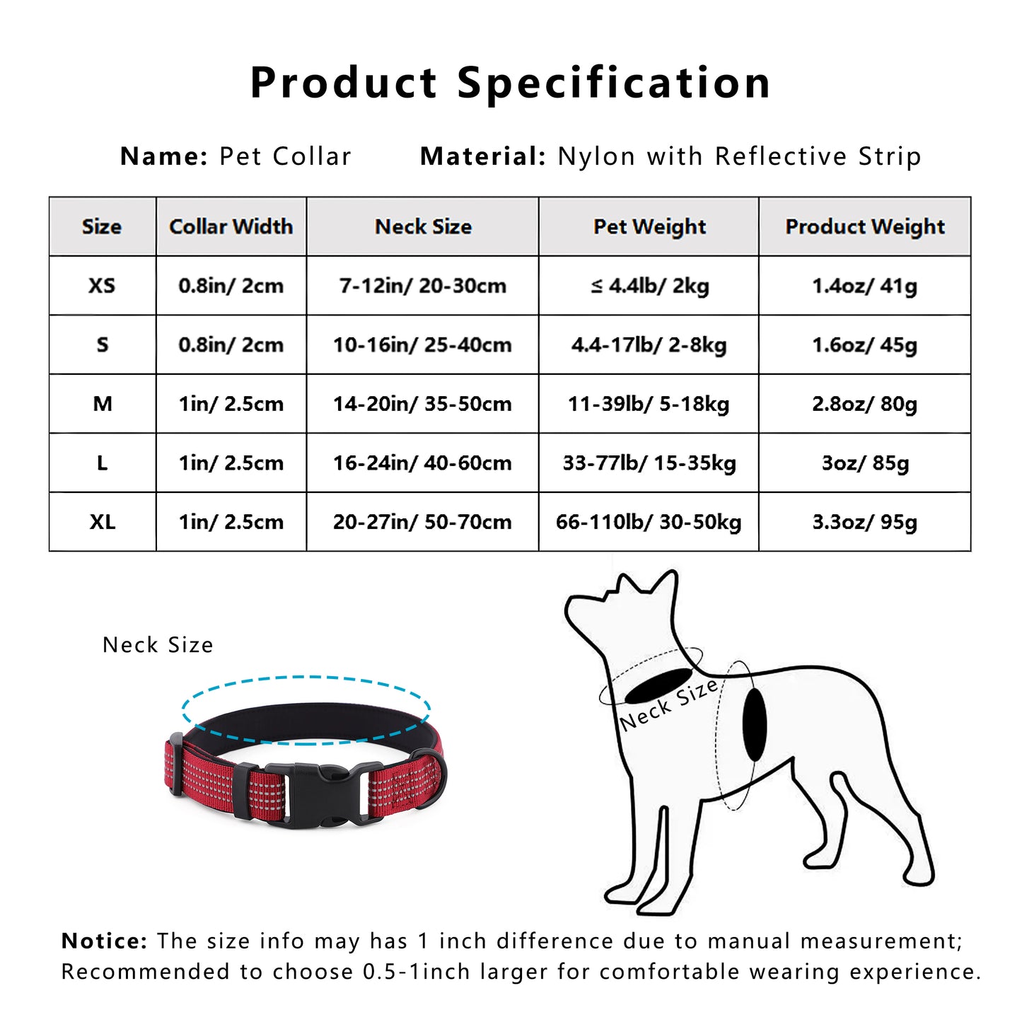 Dog Collar Reflective Soft Padded Adjustable Comfort Nylon Collars for All Breeds