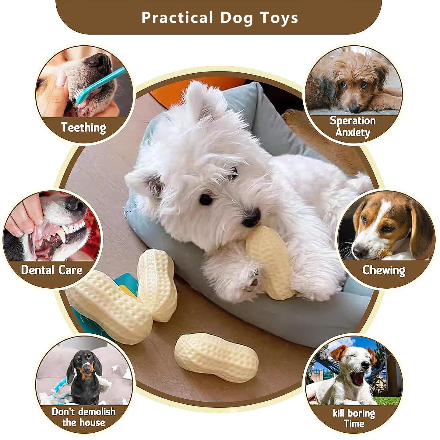 Interactive Squeaky Dog Toys for Boredom, Peanut Shaped, Teeth Cleaning Pet Chew Toys