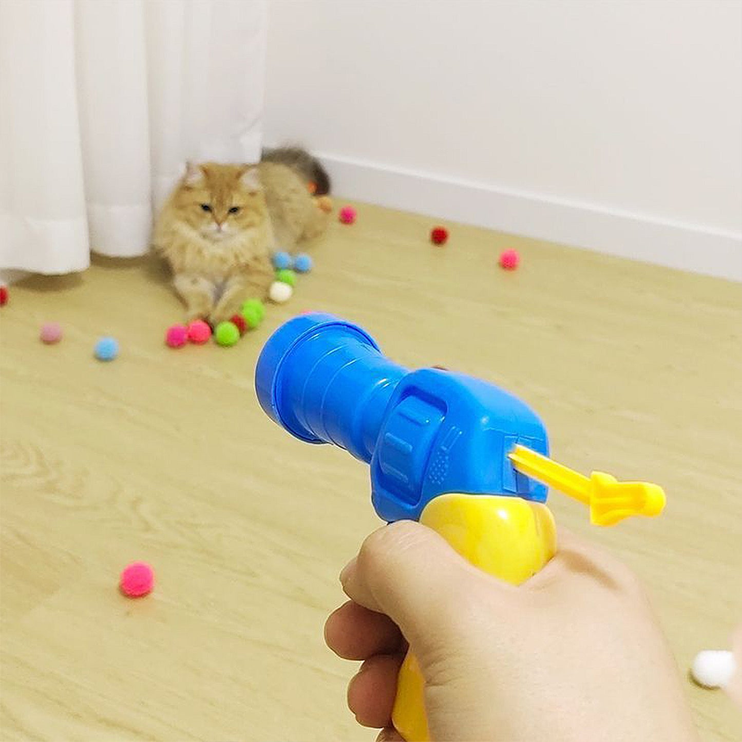 Interactive Cat Silent Fuzzy Ball Fetch Toy with 1 Gun Launcher for Bored Indoor Adult Cats and Kitties