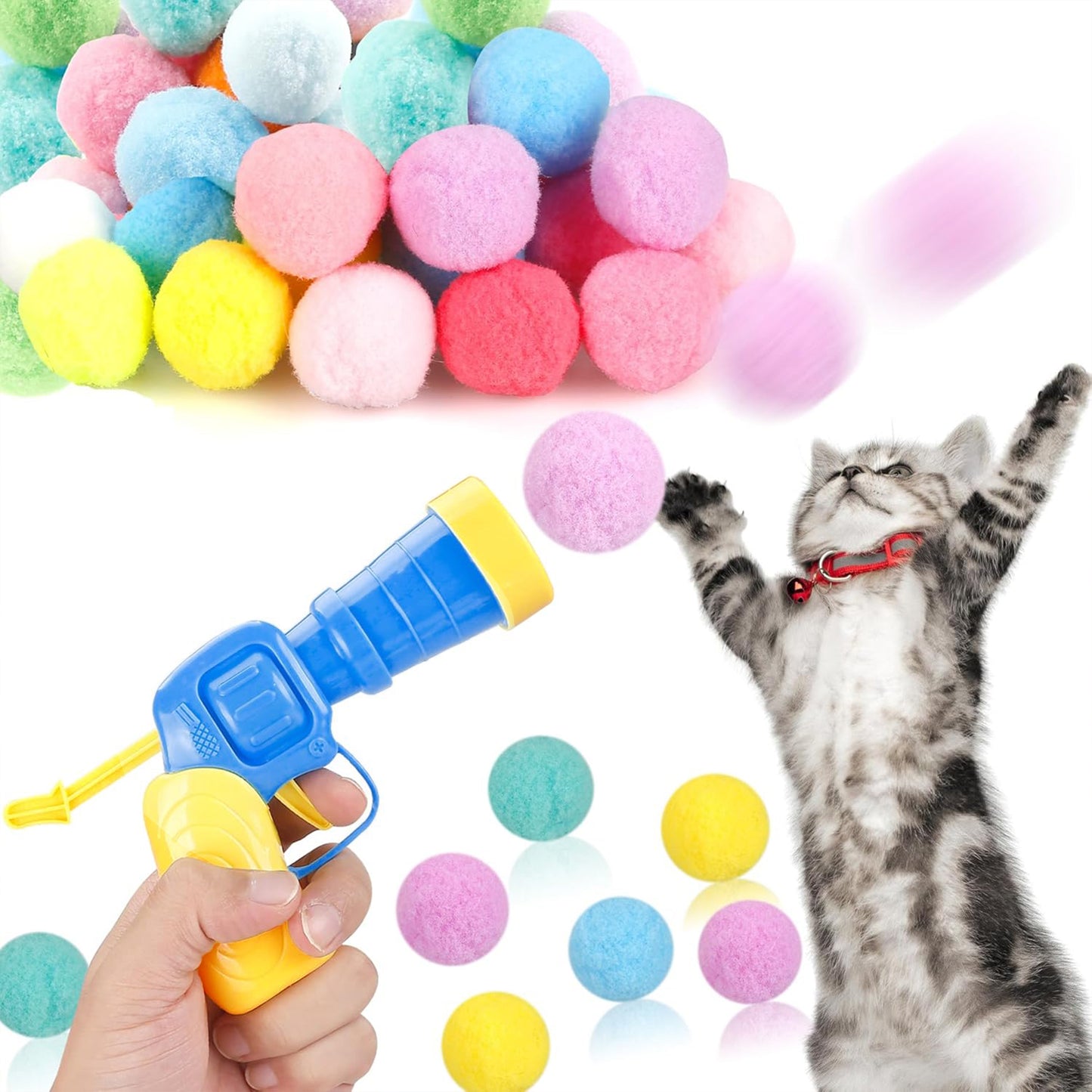 Interactive Cat Silent Fuzzy Ball Fetch Toy with 1 Gun Launcher for Bored Indoor Adult Cats and Kitties