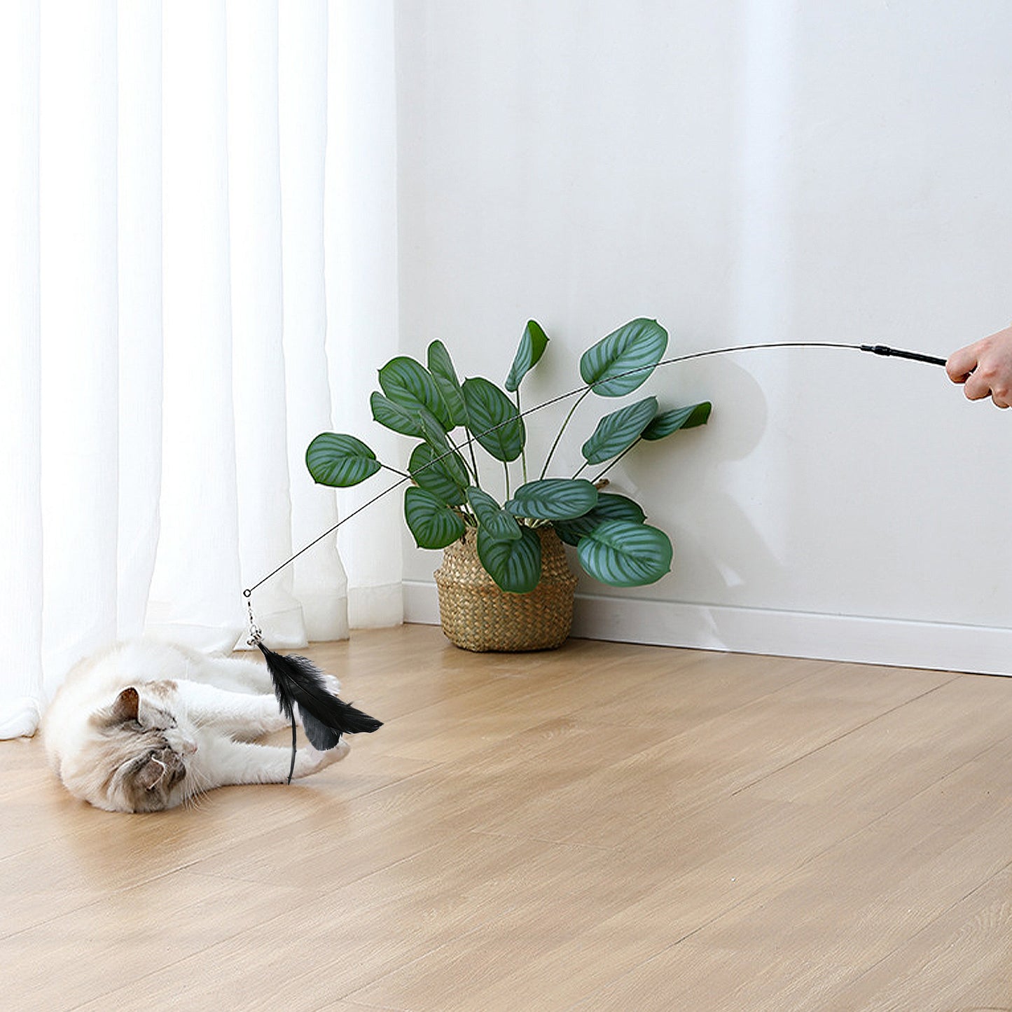 Cat Feather Teaser Toy with Suction Cup Base - Interactive Wand Toy with Bell for Indoor Cats & Kittens