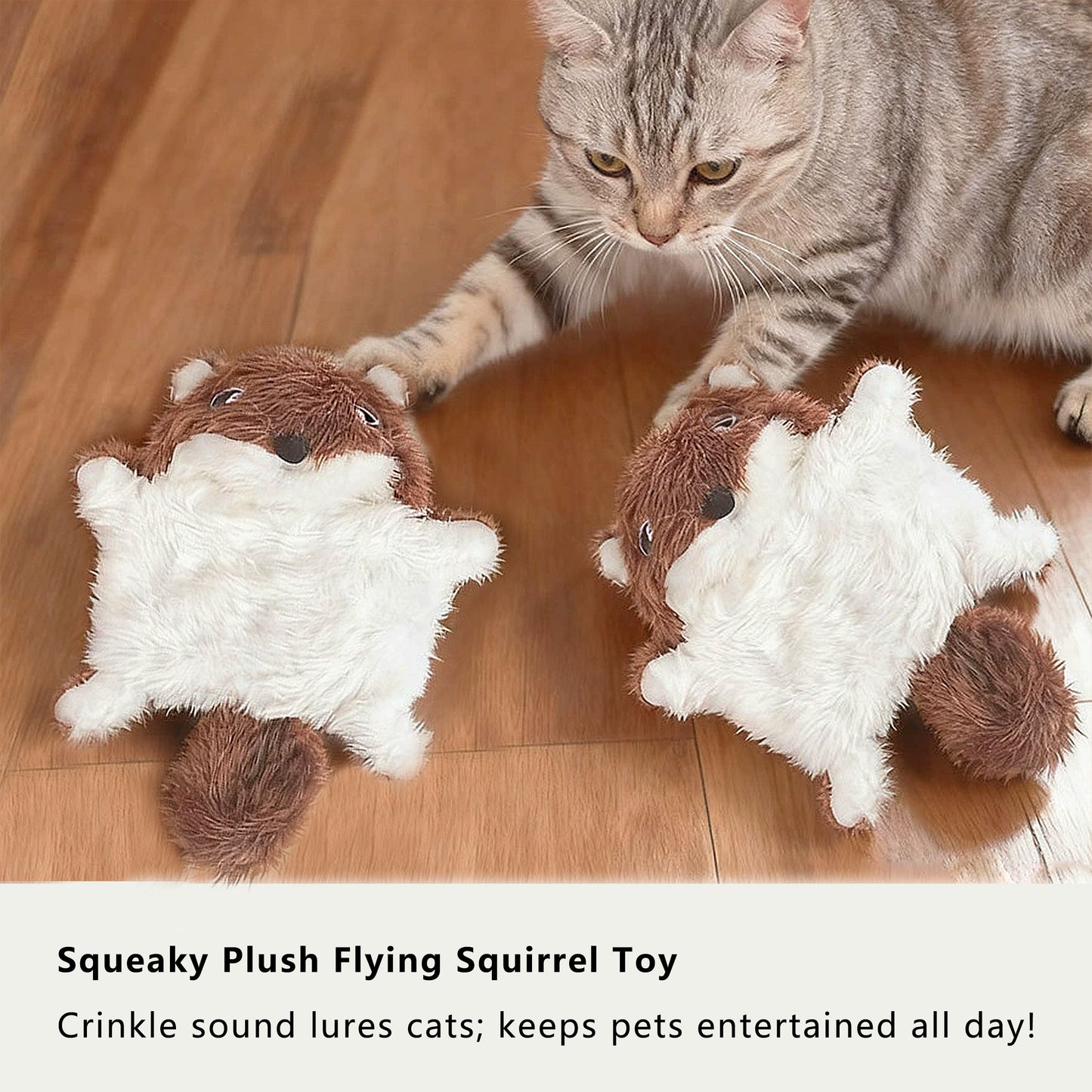 Cat Interactive Chew & Squeaky Toy - Cute Plush Flying Squirrel - for Indoor Cats & Kittens