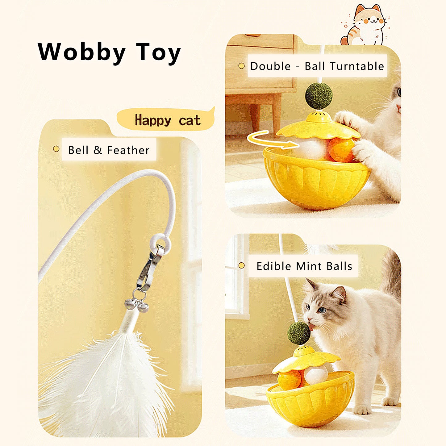 Interactive Cat Wobble Toy, with Catnip & Feather Teaser Wand, for Indoor Cats and Kittens