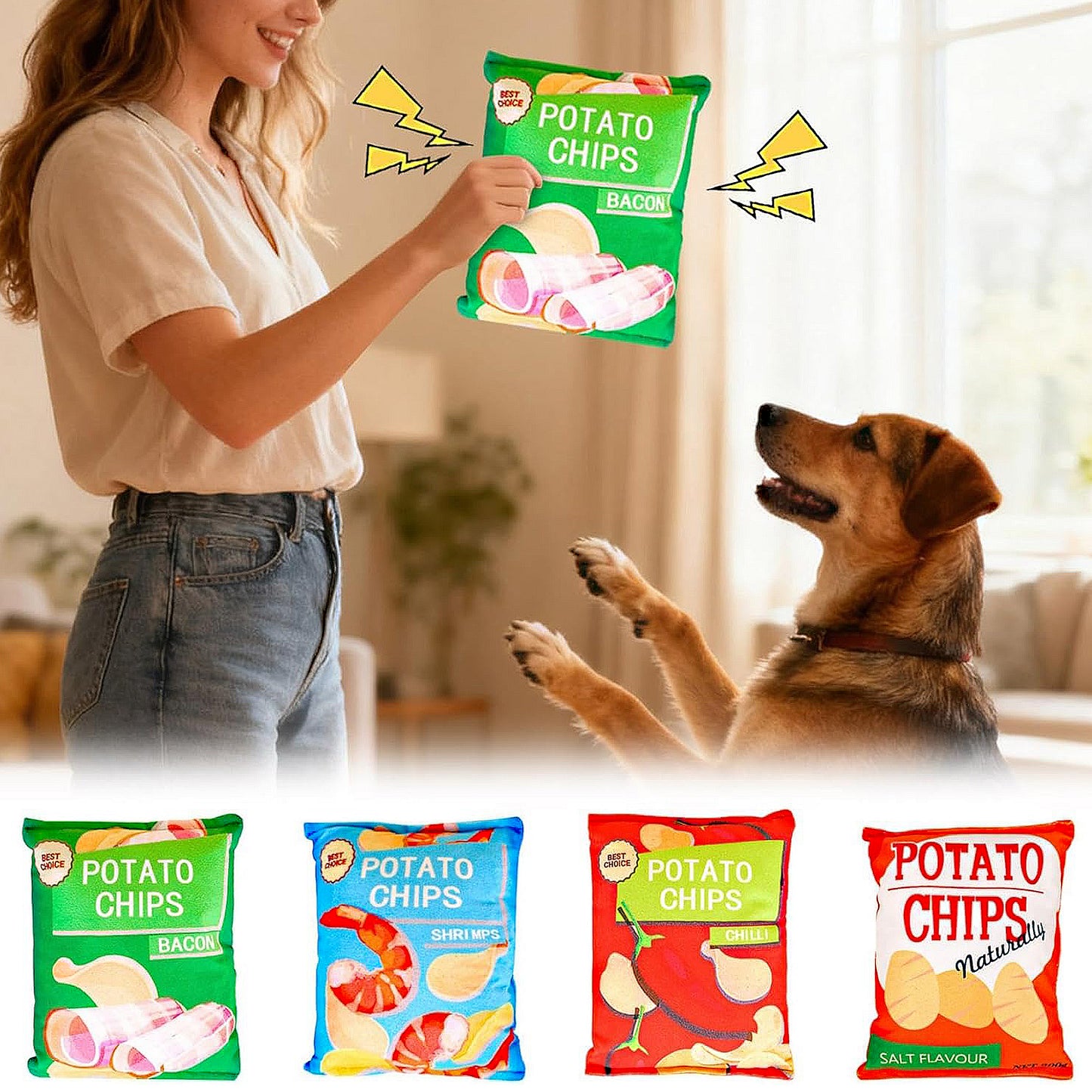 Interactive Dog Simulation Potato Chips Plush Squeaky Toys for Pet Training, Puppy Chewing