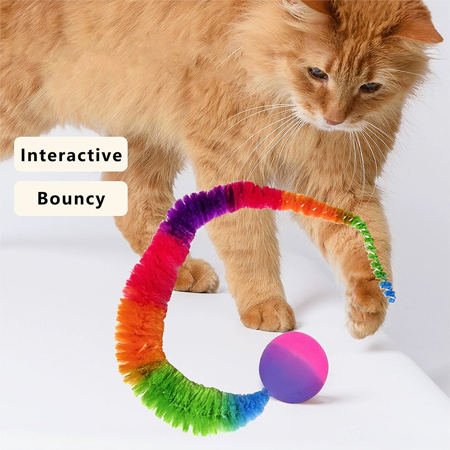 Interactive Bouncy Ball with Tail for Cat Fuzzy Worm Fetch Toy for Bored Indoor Adult Cats and Kitties