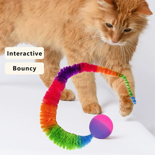Interactive Bouncy Ball with Tail for Cat Fuzzy Worm Fetch Toy for Bored Indoor Adult Cats and Kitties
