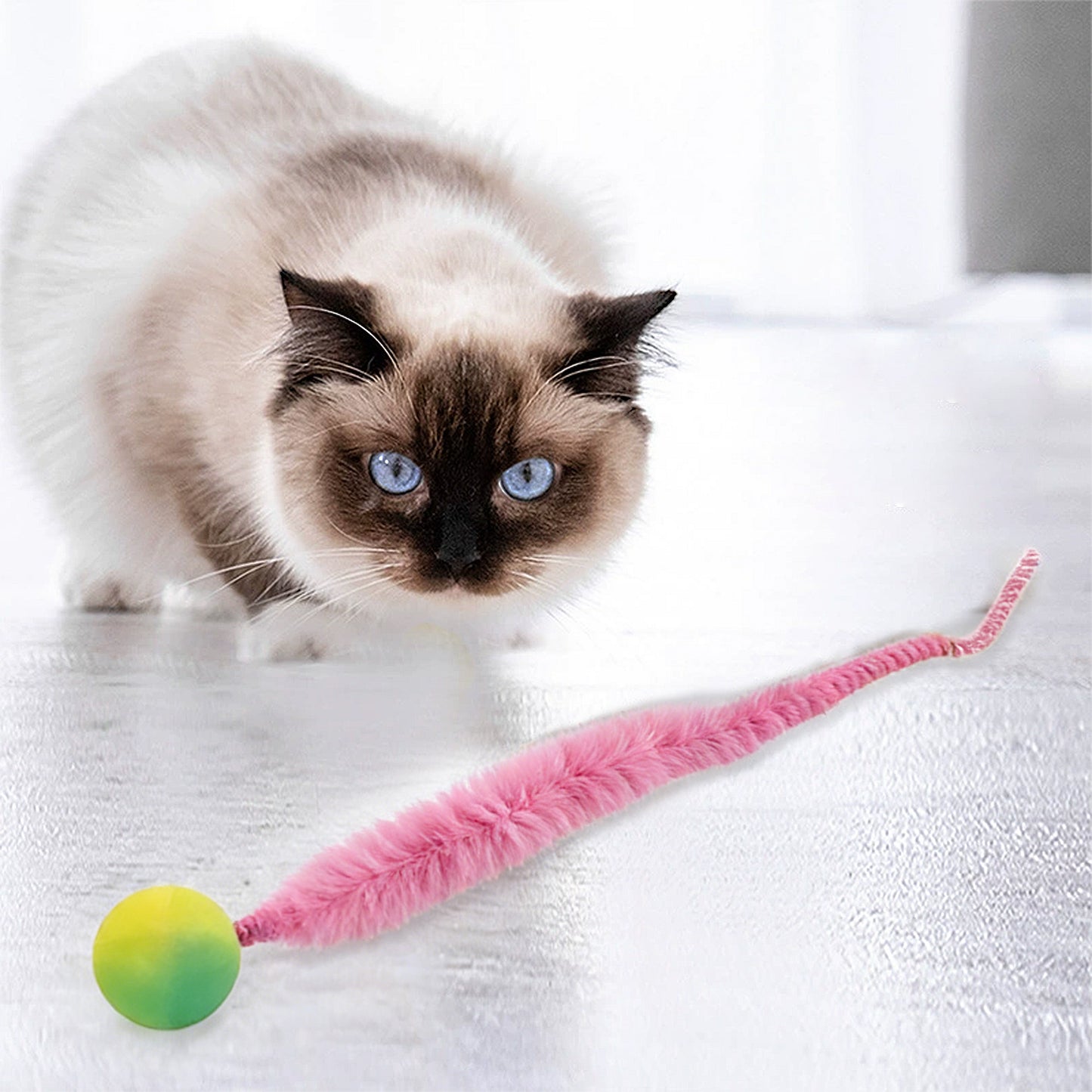 Interactive Bouncy Ball with Tail for Cat Fuzzy Worm Fetch Toy for Bored Indoor Adult Cats and Kitties