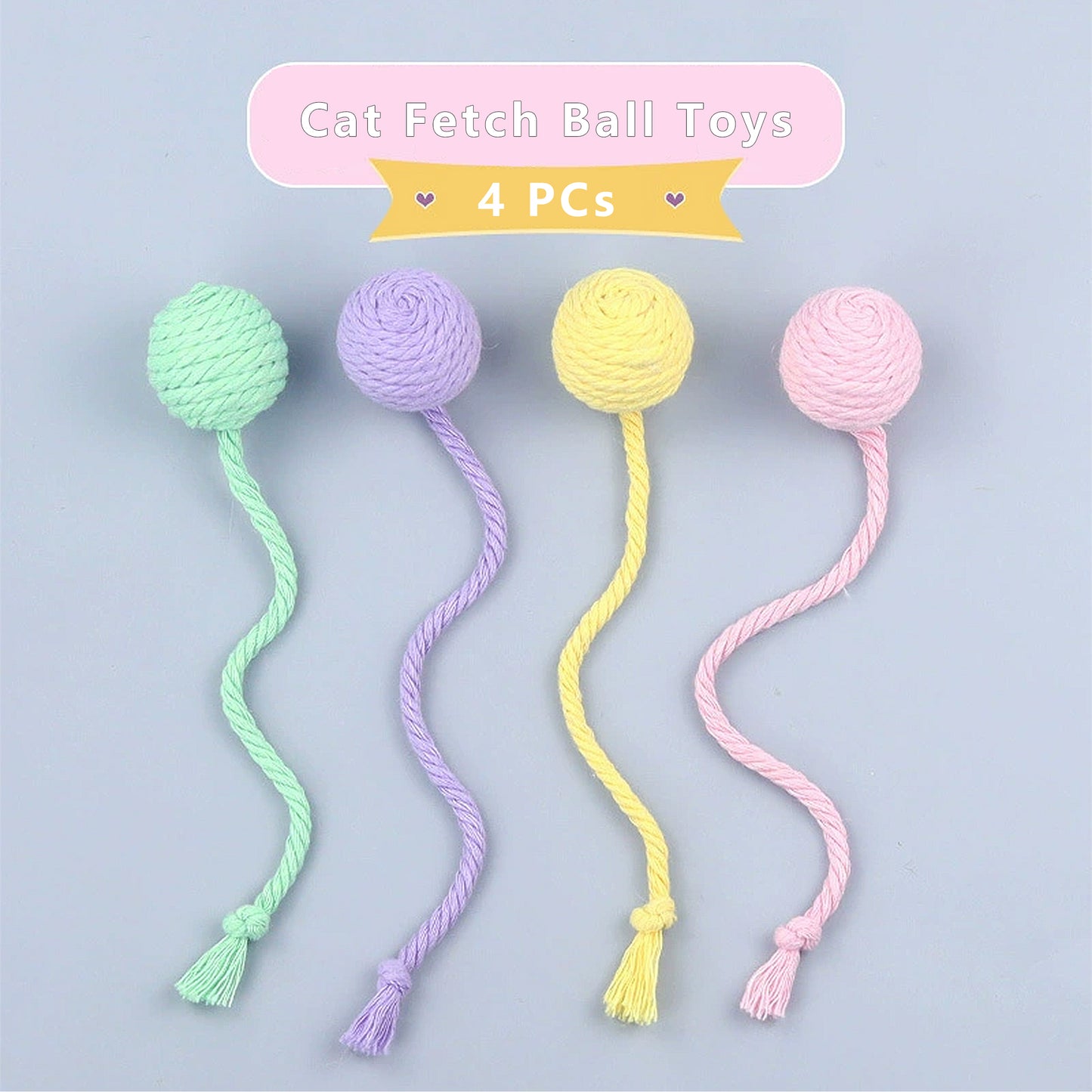 4PCs Cat Fetch Ball Toys with Rope Tails Squeaky Interactive Toys for Adult Cats and Kittens