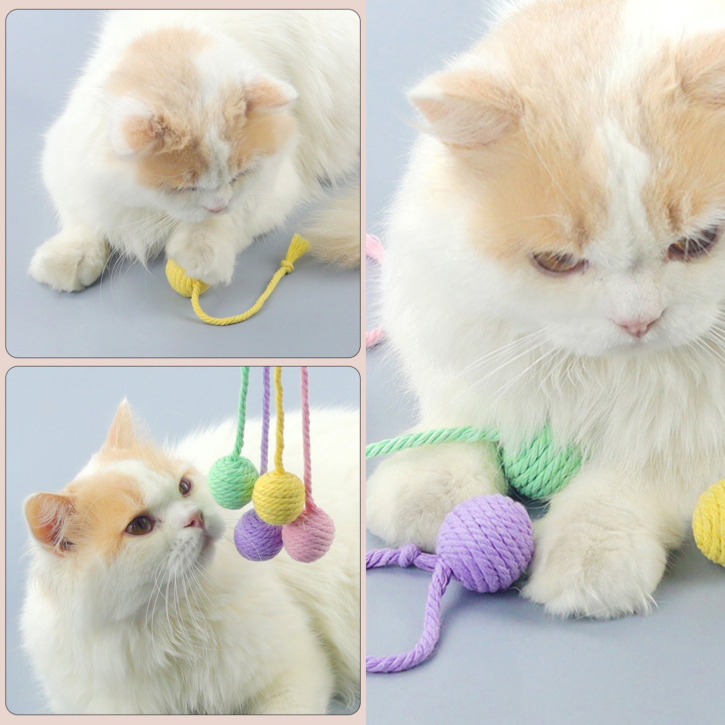 4PCs Cat Fetch Ball Toys with Rope Tails Squeaky Interactive Toys for Adult Cats and Kittens
