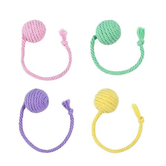 4PCs Cat Fetch Ball Toys with Rope Tails Squeaky Interactive Toys for Adult Cats and Kittens