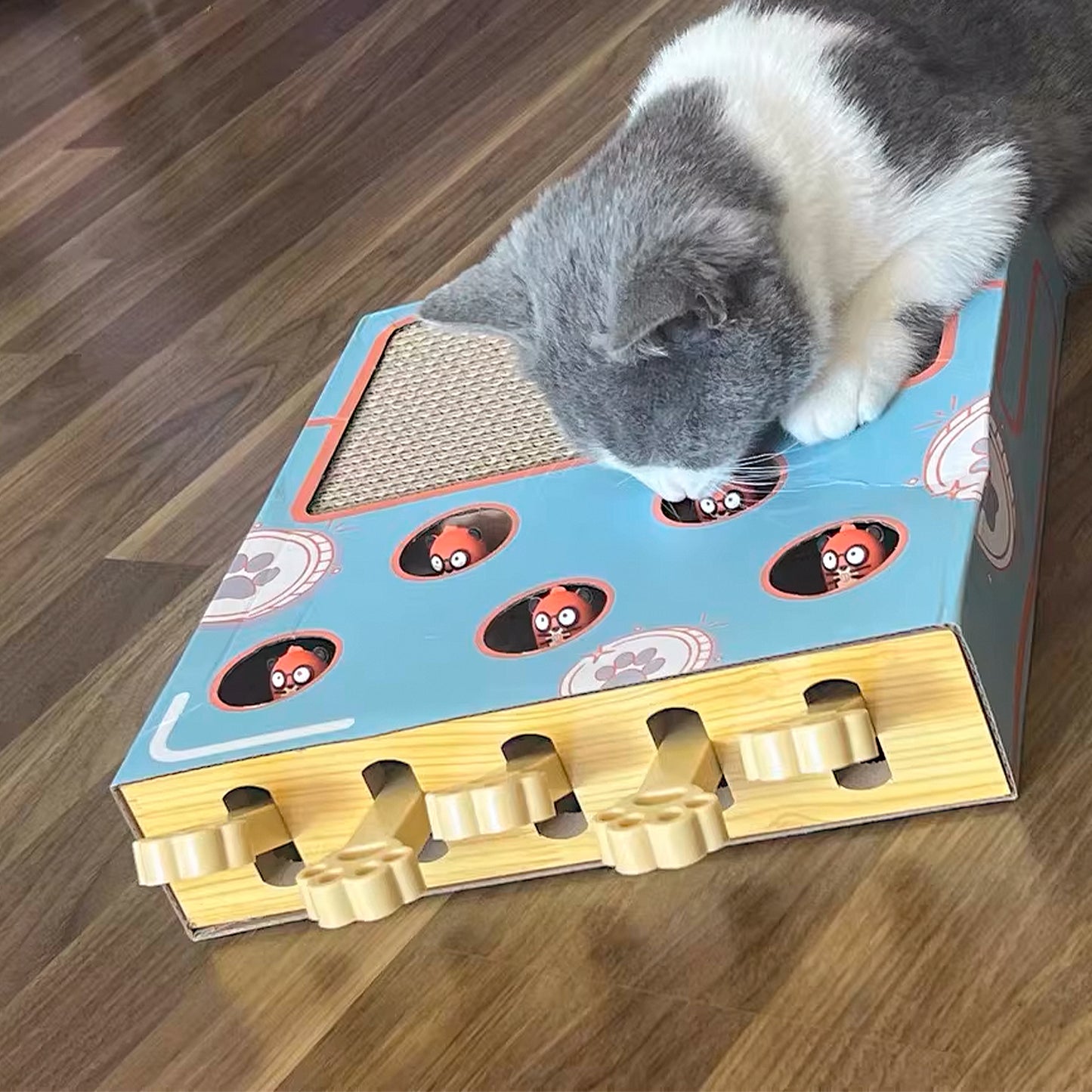 Interactive Cat Puzzle Scratcher with Pull Tabs Whack a Mole Toy Corrugated Cardboard Cat Activity Board