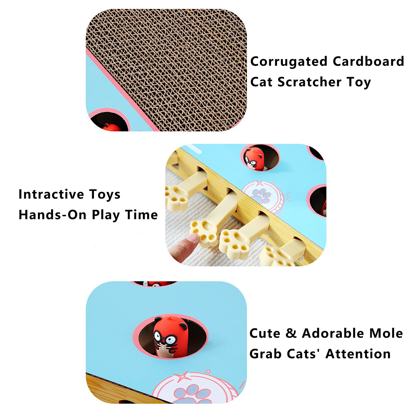 Interactive Cat Puzzle Scratcher with Pull Tabs Whack a Mole Toy Corrugated Cardboard Cat Activity Board