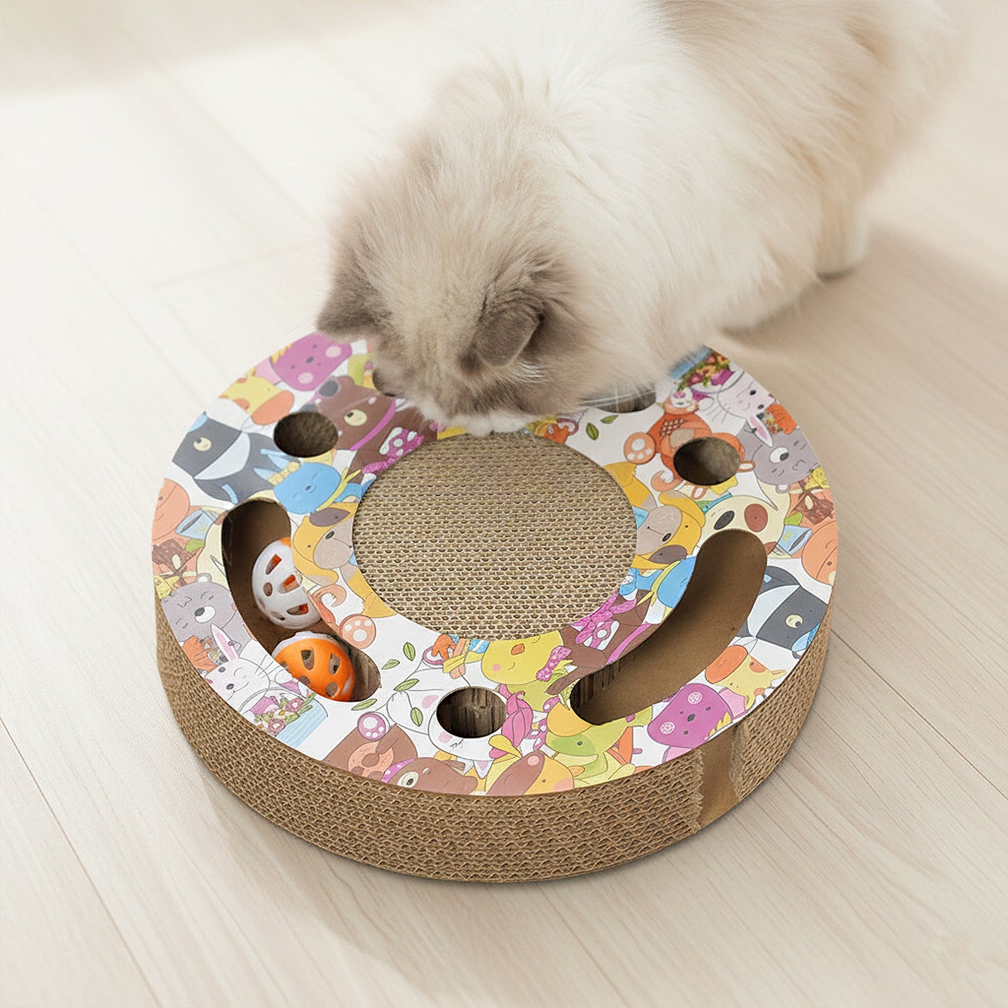 Round Cat Scratcher Toy with Jingle Balls Corrugated Cardboard Puzzle Interactive Cat Activity Board