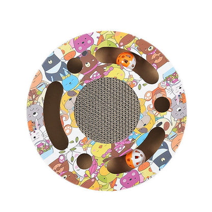 Round Cat Scratcher Toy with Jingle Balls Corrugated Cardboard Puzzle Interactive Cat Activity Board