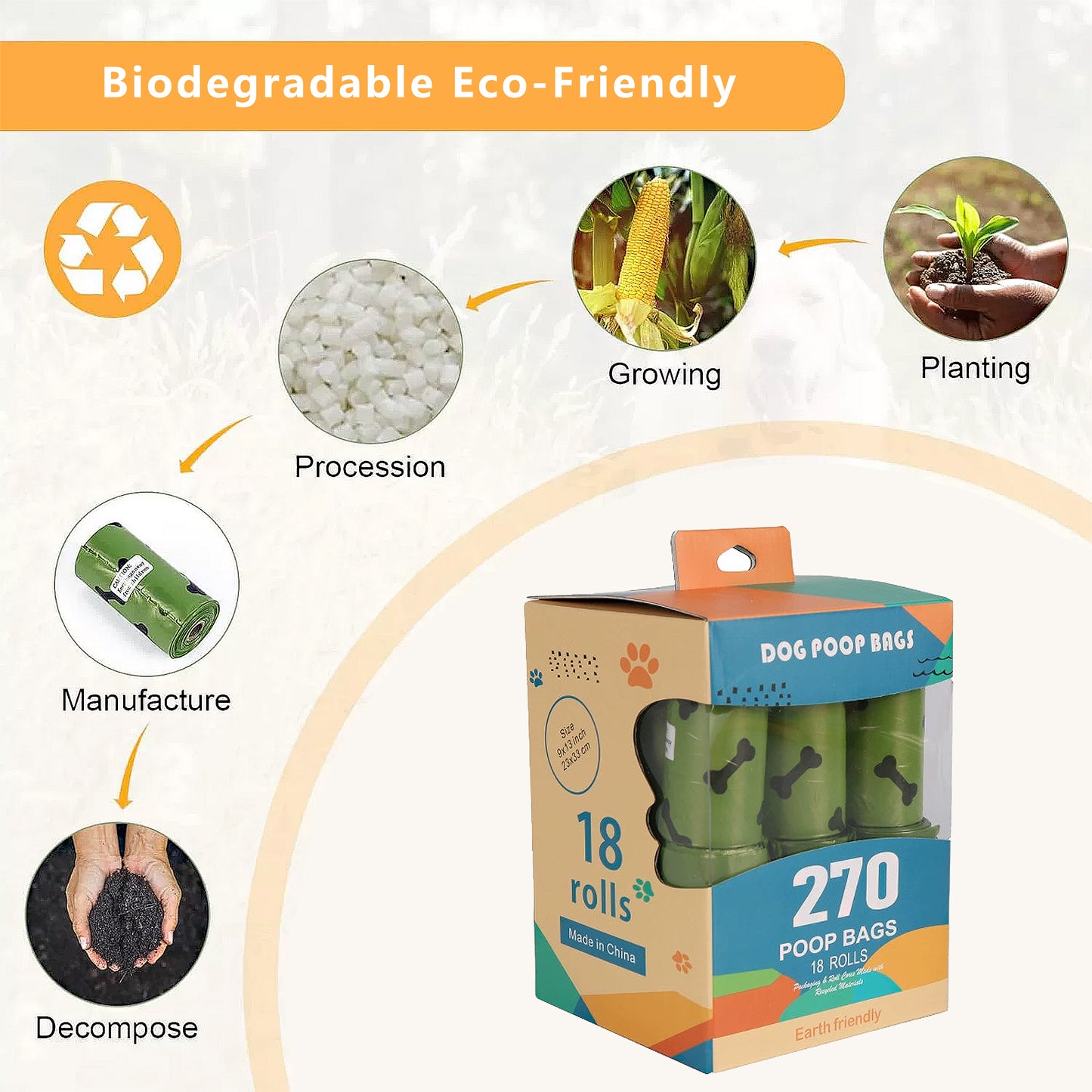 Biodegradable Dog Waste Bags 270 Bags in 18 Rolls Leakproof Easy Tear Pet Cleanup Bags