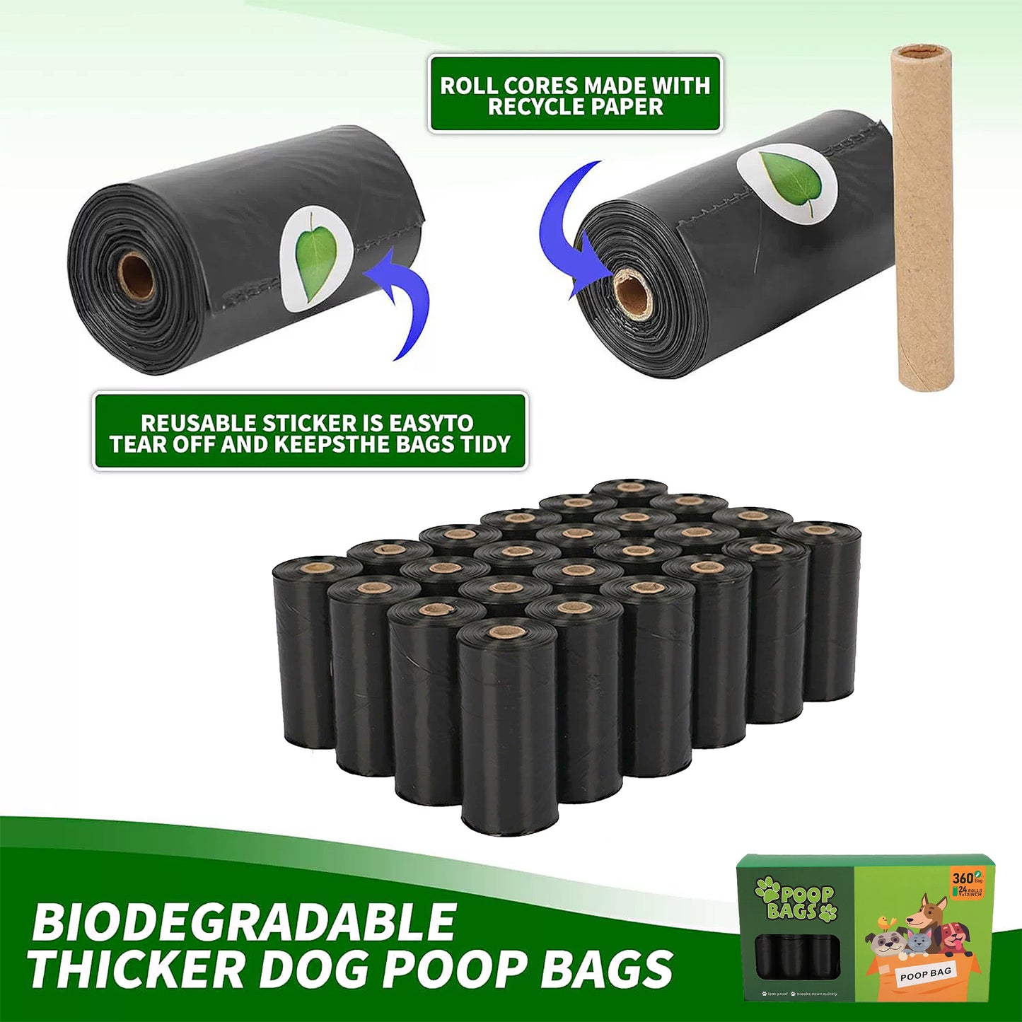 Biodegradable Dog Waste Bags Leakproof Easy Tear Black Cleanup Bags with Dispenser for Pets