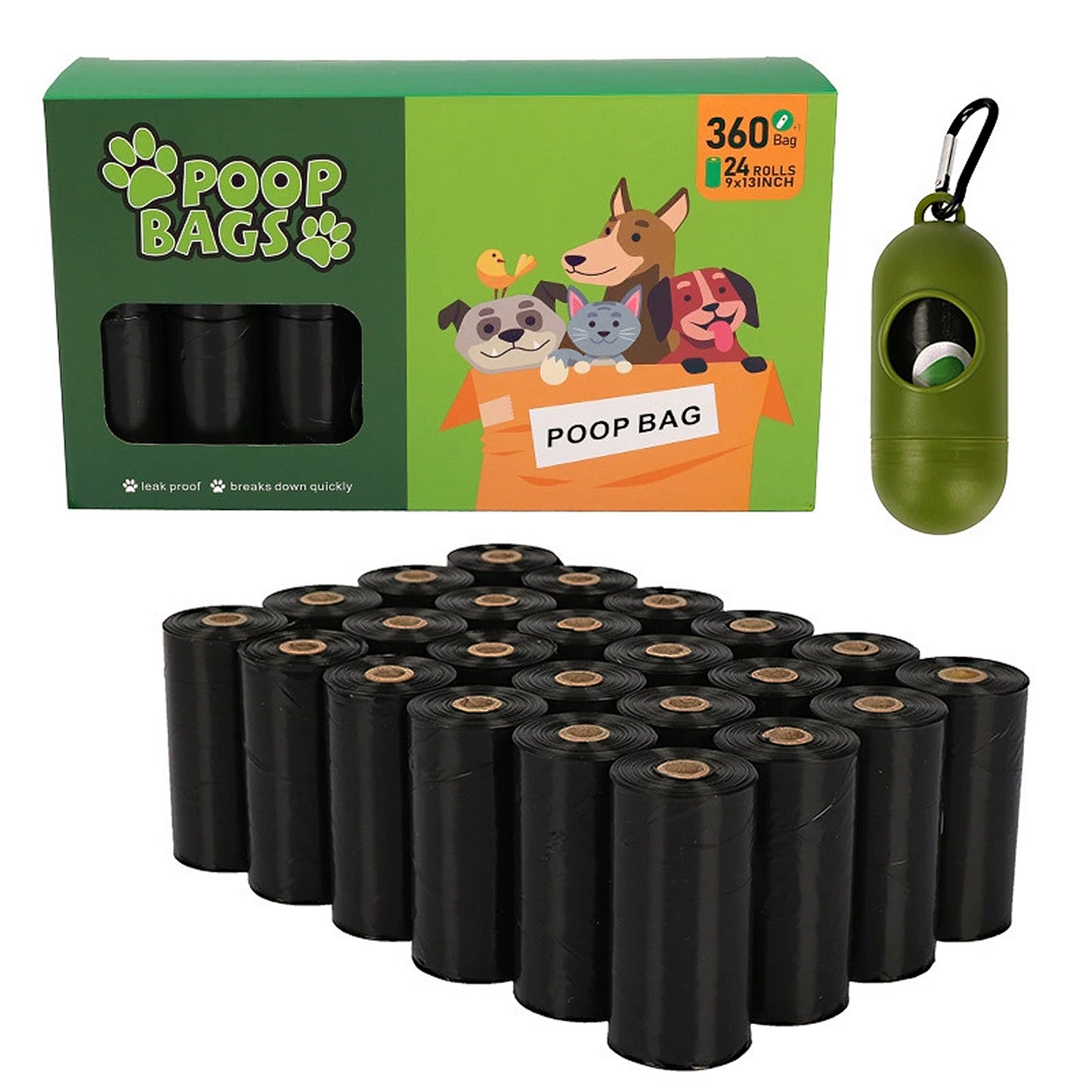 Biodegradable Dog Waste Bags Leakproof Easy Tear Black Cleanup Bags with Dispenser for Pets