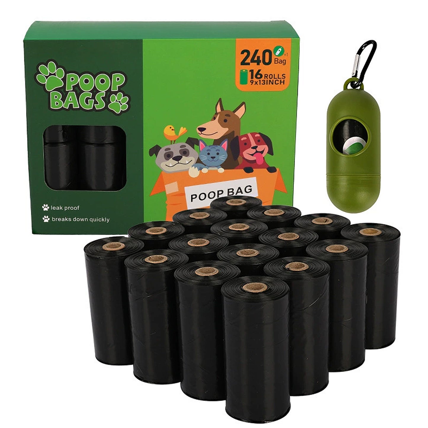 Biodegradable Dog Waste Bags Leakproof Easy Tear Black Cleanup Bags with Dispenser for Pets