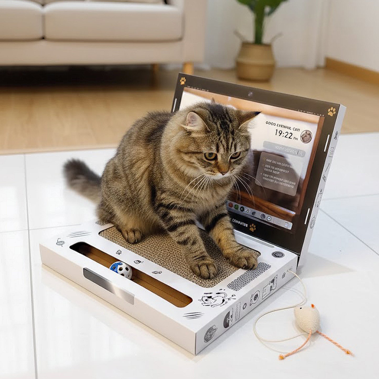 Interactive Cat Scratch Board with Corrugated Cardboard and Hanging Mouse Toy