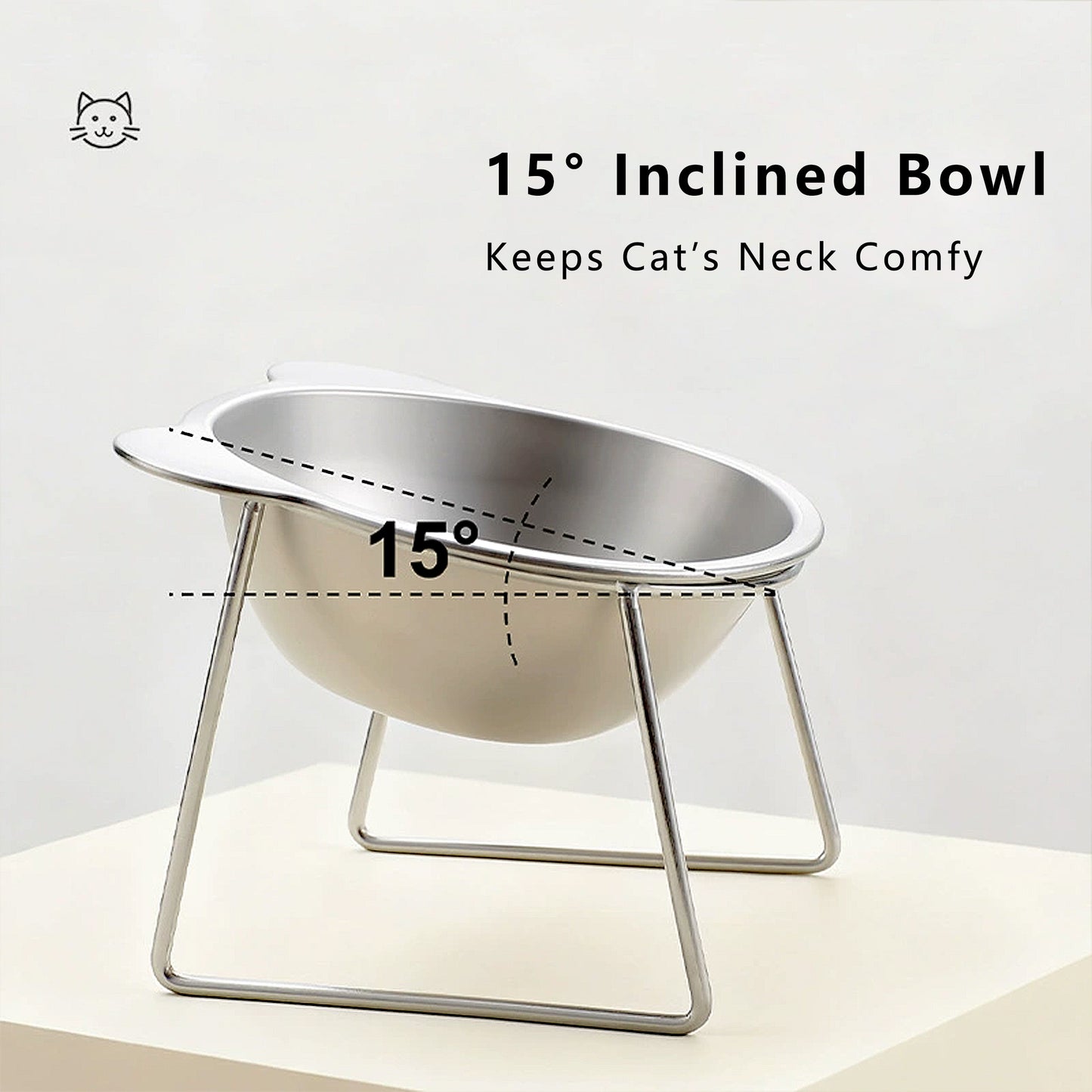 Elevated Stainless Steel Cat Bowl with 15 Degree Tilt and Stable Stand