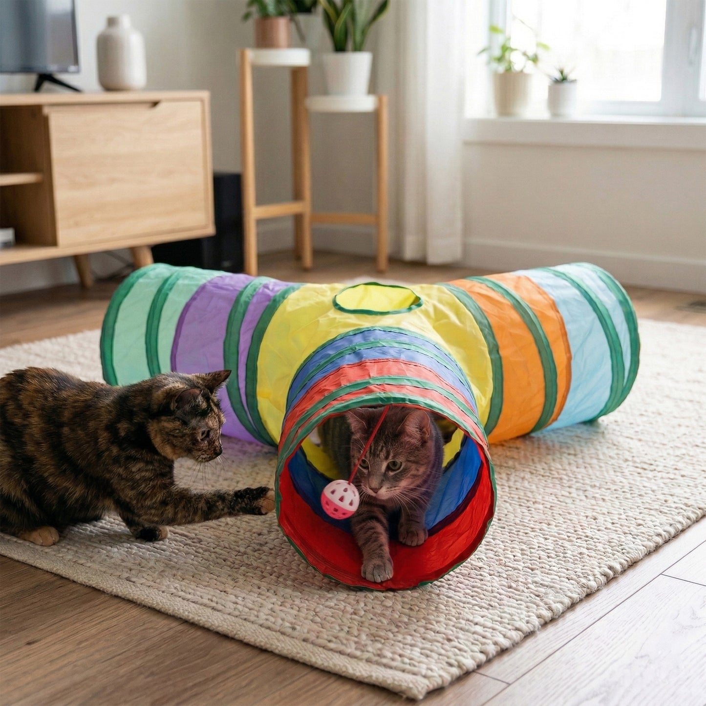 3 Way Cat Tunnel Toy with Crinkle Fabric Peek Hole and Hanging Ball Collapsible Cat Play Tunnel