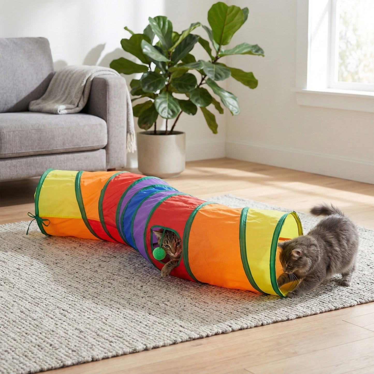 S Shaped Cat Tunnel Toy with Peek Hole and Hanging Ball Collapsible Indoor Cat Play Tunnel