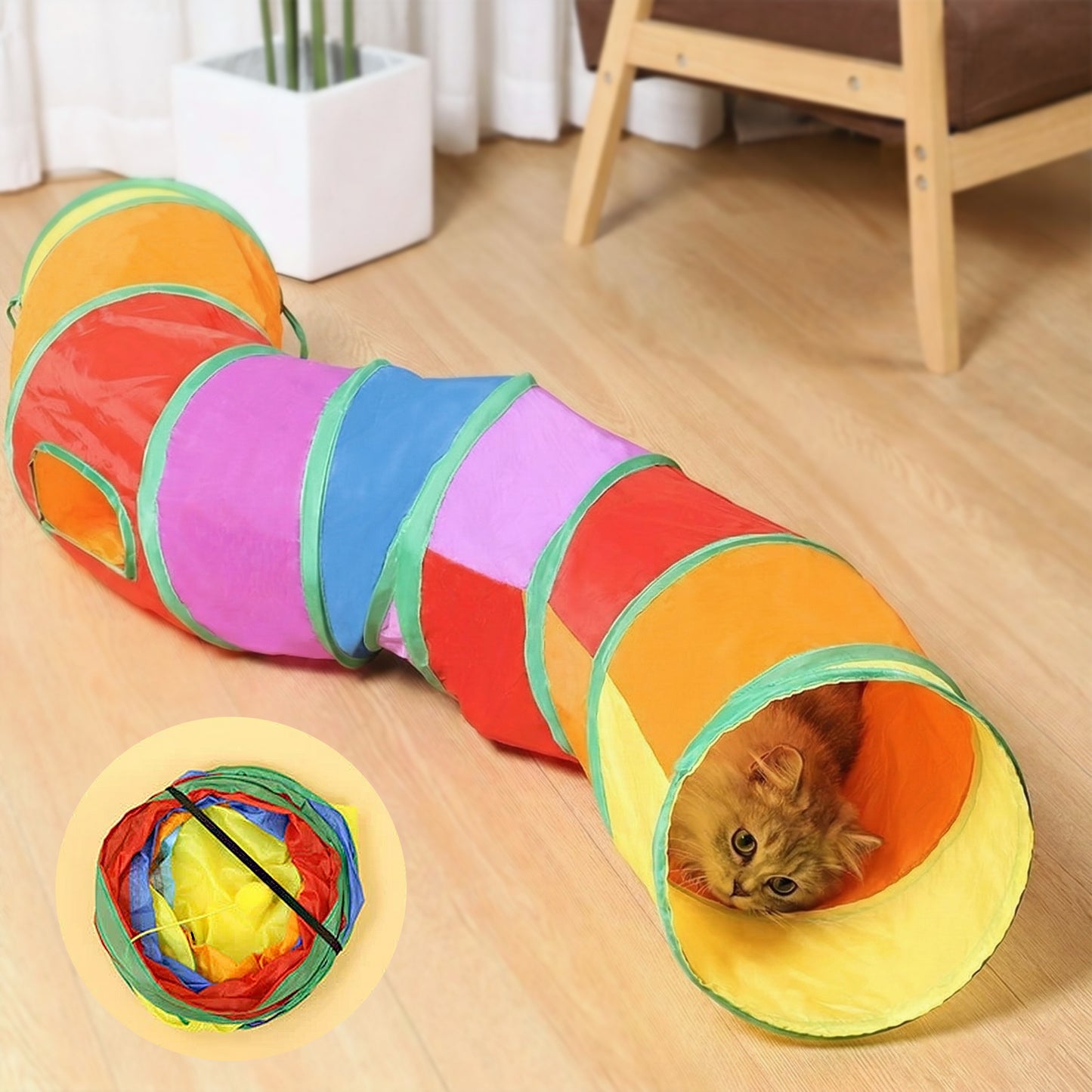 S Shaped Cat Tunnel Toy with Peek Hole and Hanging Ball Collapsible Indoor Cat Play Tunnel