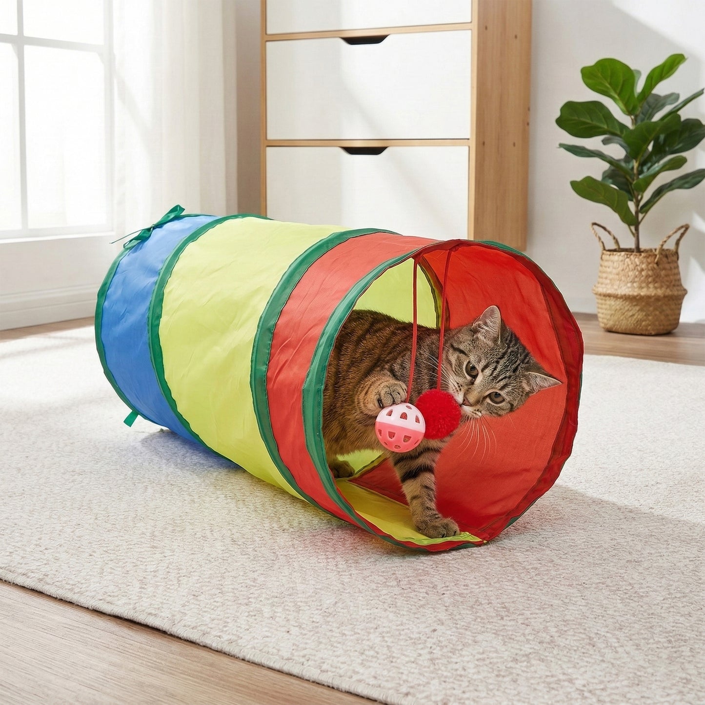 Cat Tunnel Toy with Crinkle Fabric Peek Hole and Hanging Ball Collapsible Indoor Cat Play Tunnel