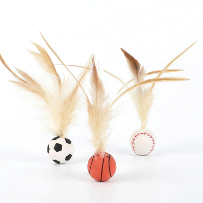 Interactive Feather Cat Toy Balls with Natural Feathers Bouncy Cat Toys for Indoor Cats 3 Pack