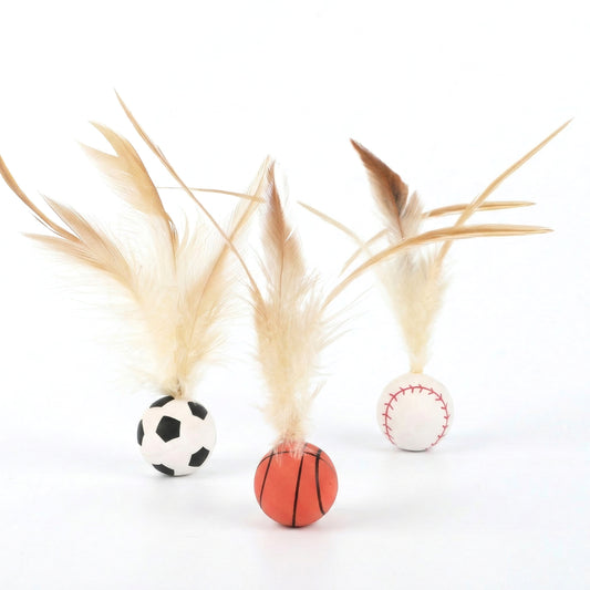 Interactive Feather Cat Toy Balls with Natural Feathers Bouncy Cat Toys for Indoor Cats 3 Pack