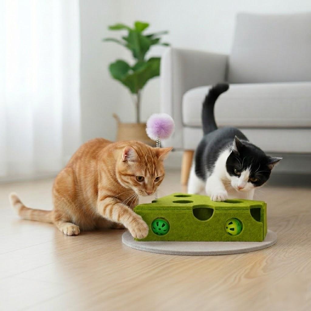 Interactive Cat Puzzle Toy with Balls and Feather Teaser Cheese Shape Enrichment Toys