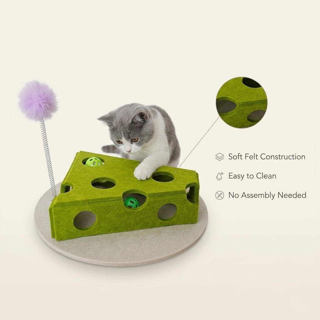 Interactive Cat Puzzle Toy with Balls and Feather Teaser Cheese Shape Enrichment Toys