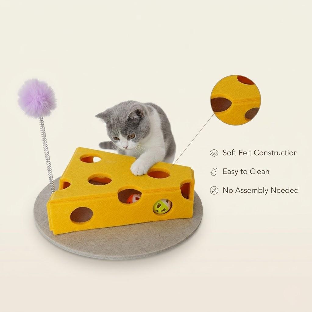 Interactive Cat Puzzle Toy with Balls and Feather Teaser Cheese Shape Enrichment Toys