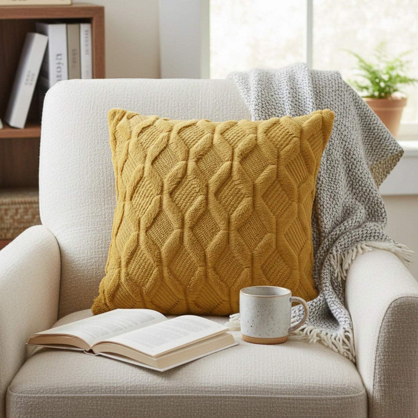 Cable Textured Pillow Cover Decorative Square Cushion Case Single Piece 17.7x17.7in