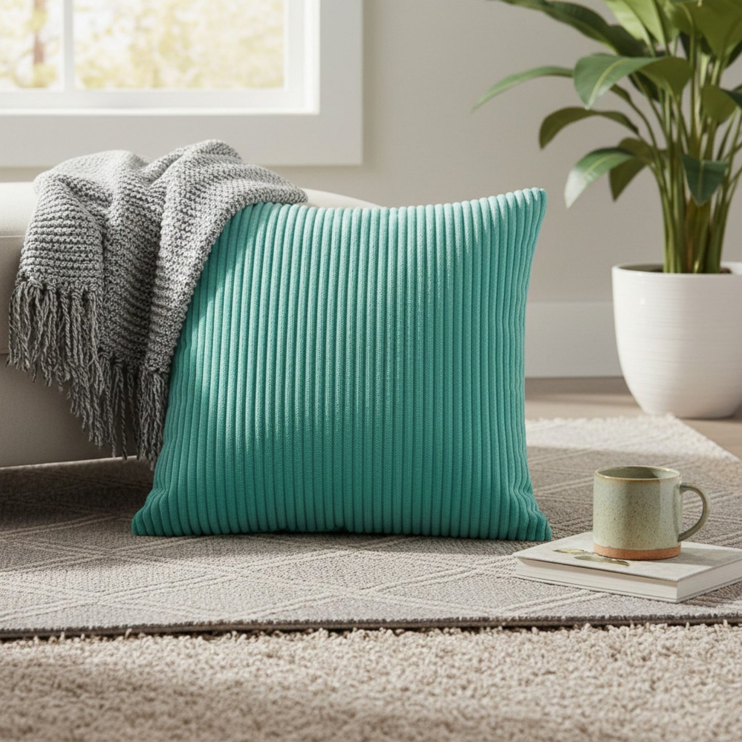 Ribbed Textured Pillow Cover Decorative Square Cushion Case Single Piece 17.7x17.7in