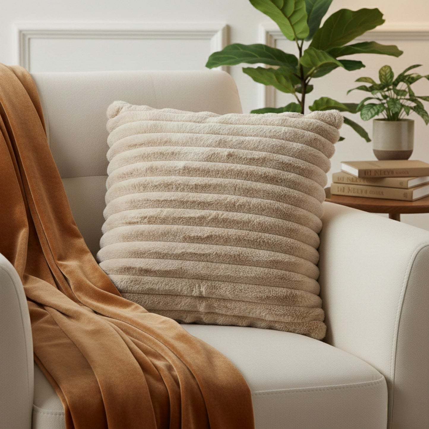Plush Textured Decorative Throw Pillow 2 Pack with Ribbed Surface Square Accent Cushions 17.7x17.7in