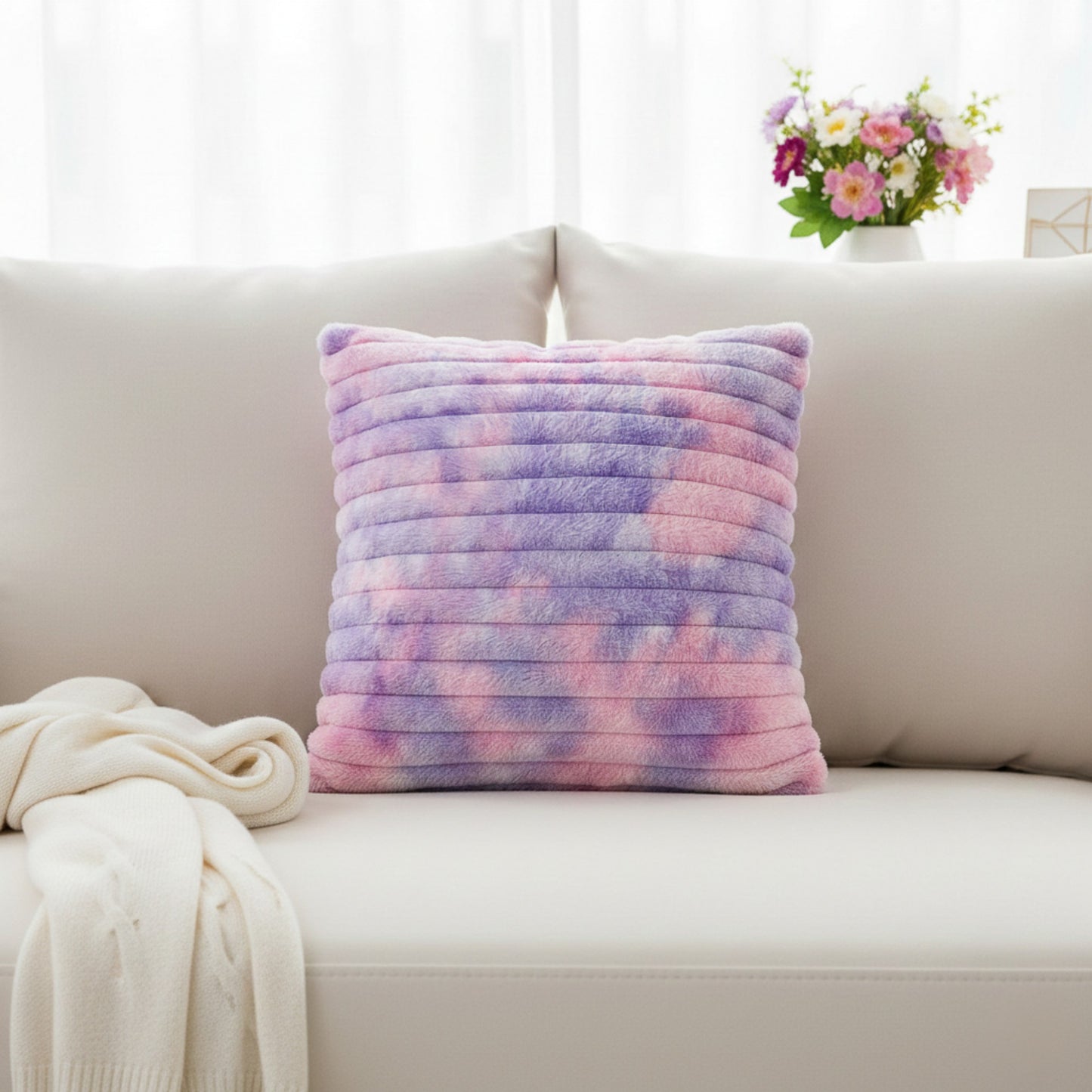 Plush Textured Decorative Throw Pillow 2 Pack with Ribbed Surface Square Accent Cushions 17.7x17.7in