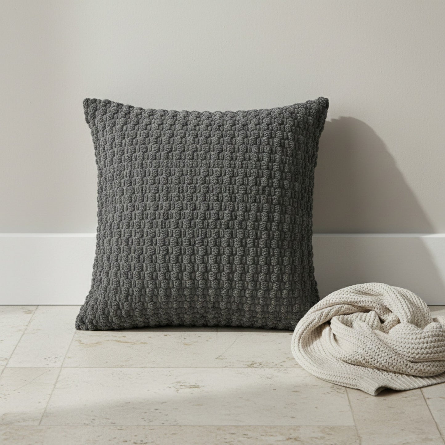 Textured Knit Decorative Throw Pillow with Raised Waffle Pattern Square Accent Cushion 17.7x17.7in