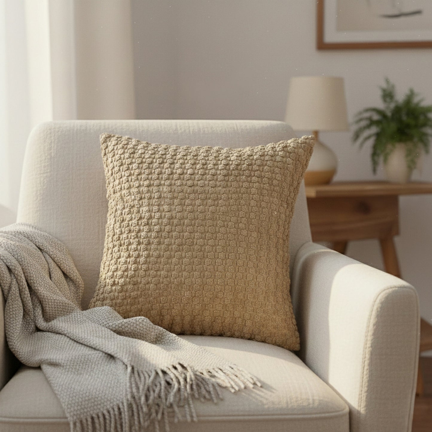 Textured Knit Decorative Throw Pillow with Raised Waffle Pattern Square Accent Cushion 17.7x17.7in