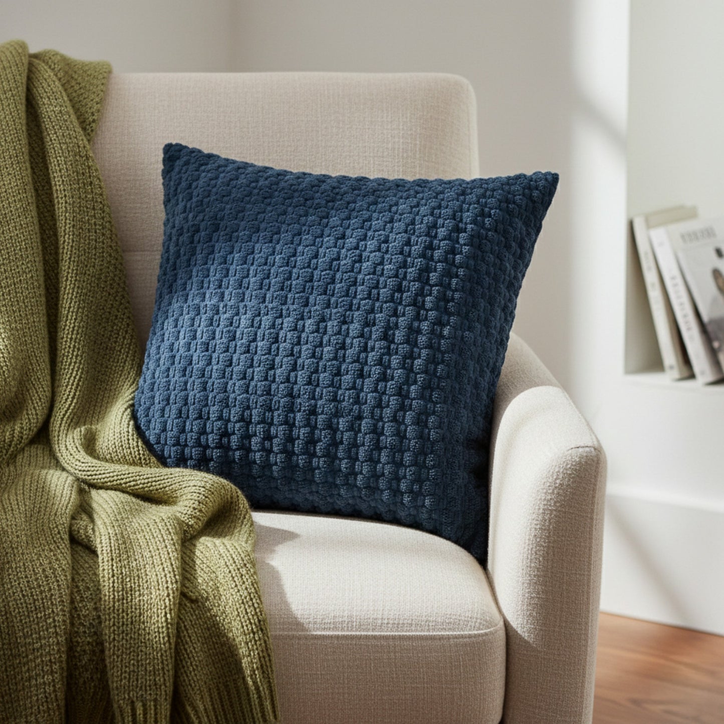 Textured Knit Decorative Throw Pillow with Raised Waffle Pattern Square Accent Cushion 17.7x17.7in