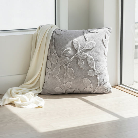 Textured Botanical Decorative Throw Pillow with Raised Leaf Embroidery Square Accent Cushion 17.7x17.7in