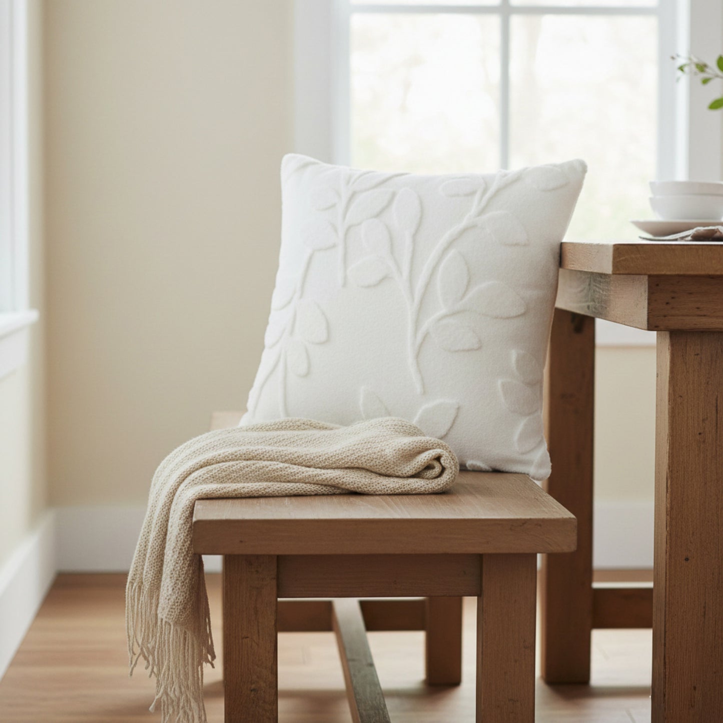 Textured Botanical Decorative Throw Pillow with Raised Leaf Embroidery Square Accent Cushion 17.7x17.7in