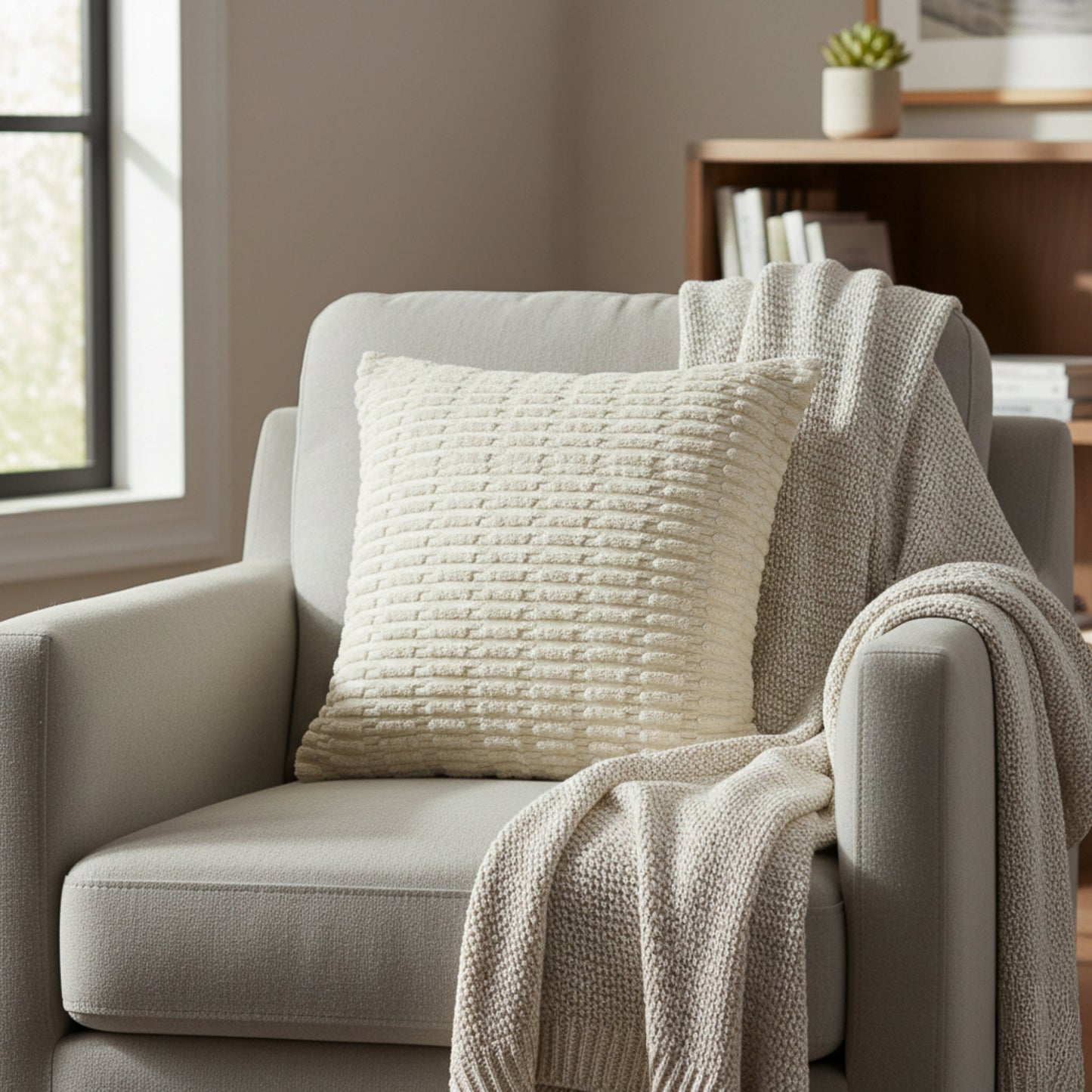 Textured Woven Decorative Throw Pillow with Raised Grid Pattern Square Accent Cushion 17.7x17.7in