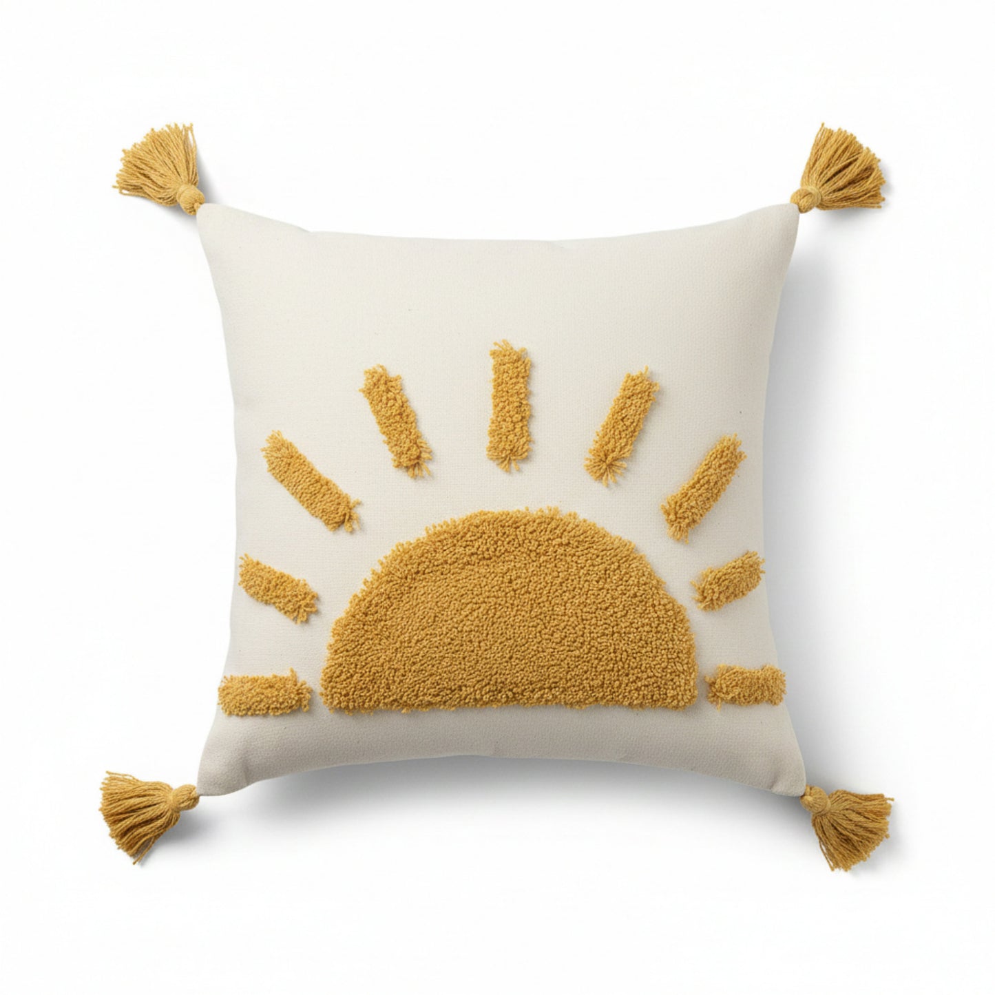 Tufted Sun Decorative Throw Pillow with Textured Embroidery and Tassel Corners