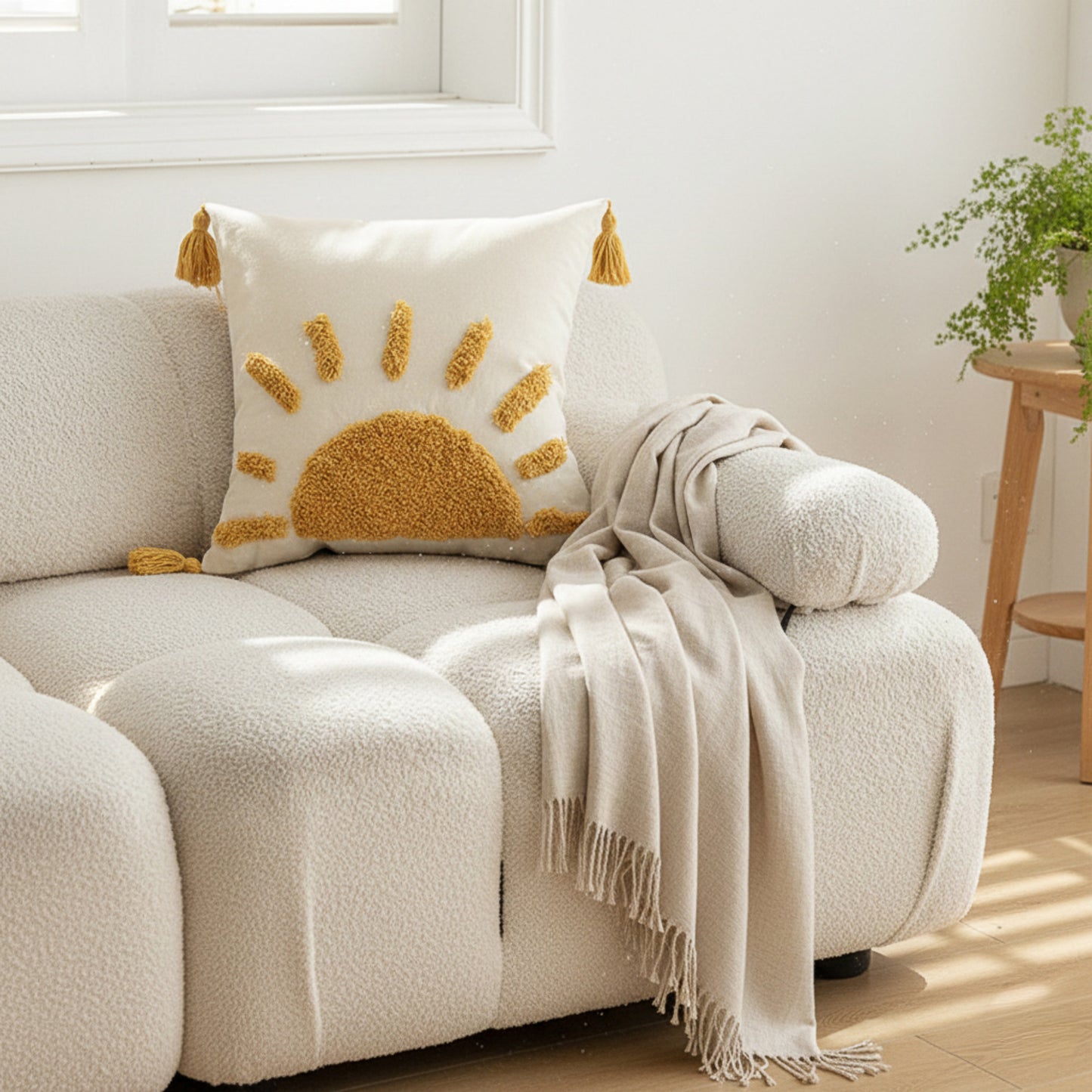 Tufted Sun Decorative Throw Pillow with Textured Embroidery and Tassel Corners