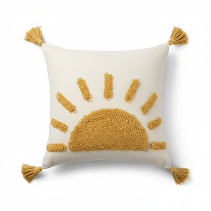 Tufted Sun Decorative Throw Pillow with Textured Embroidery and Tassel Corners
