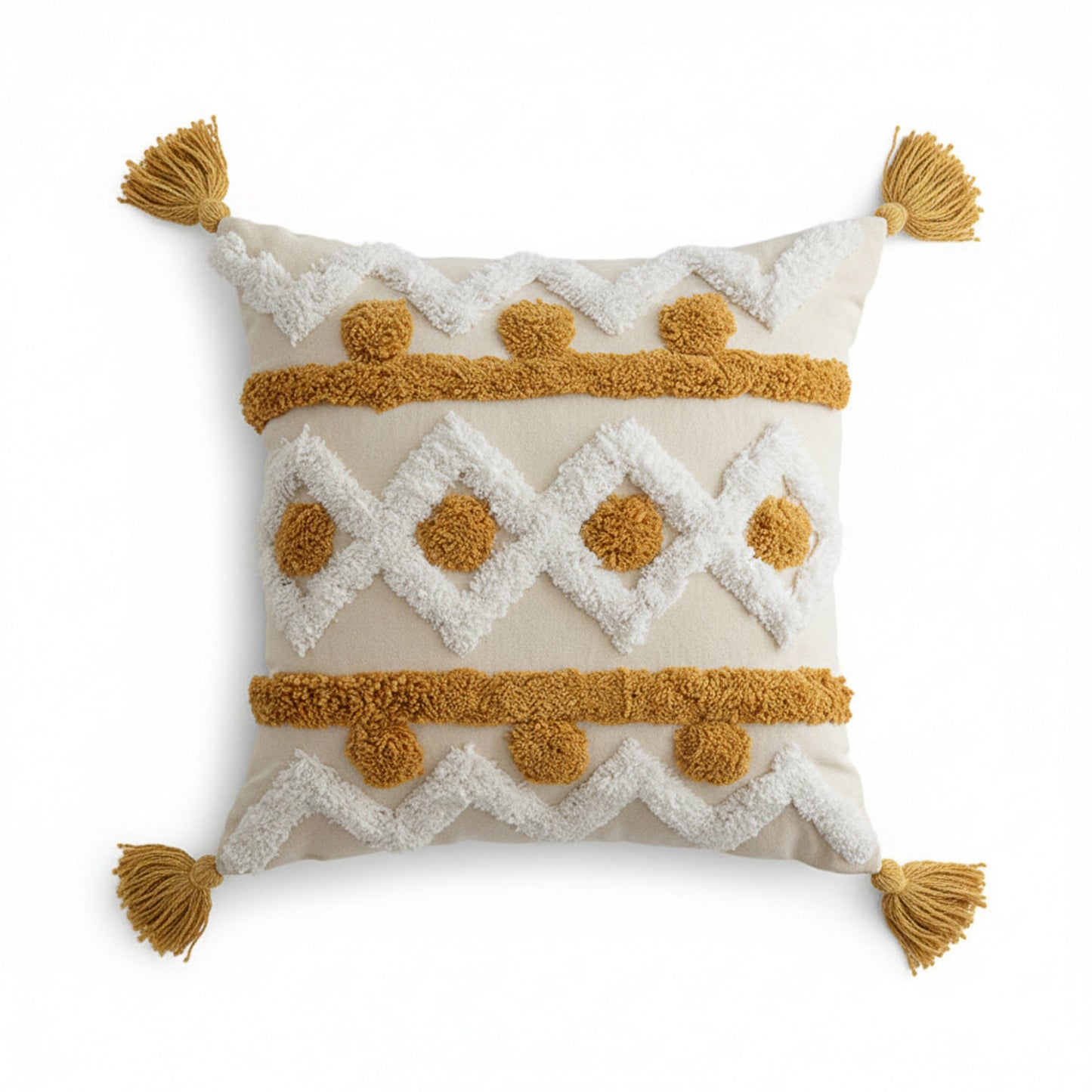 Tufted Sun Decorative Throw Pillow with Textured Embroidery and Tassel Corners