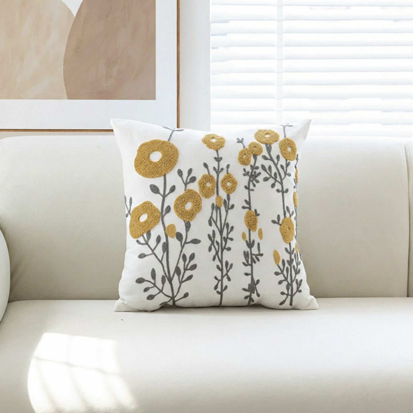 Decorative Embroidered Botanical Throw Pillow Cover Textured Fabric Square Cushion Cover Single Pack