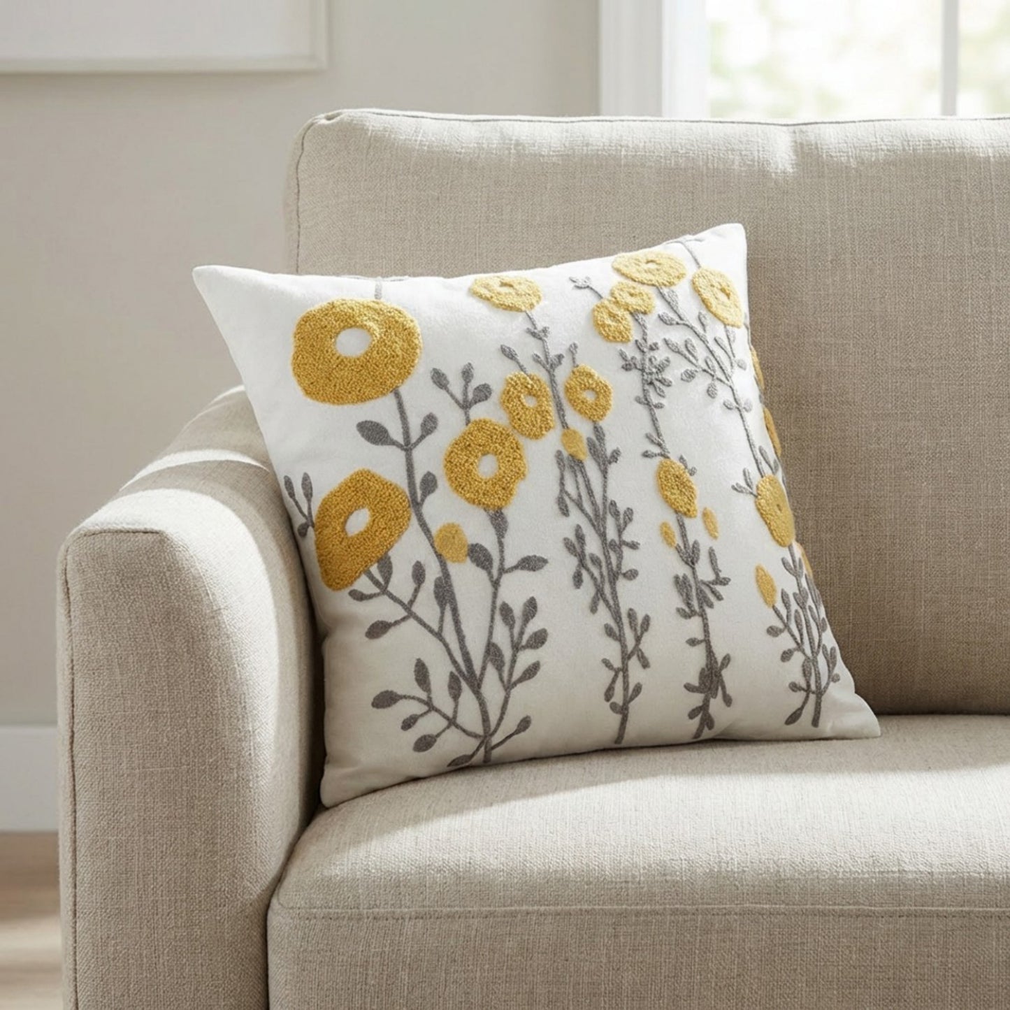 Decorative Embroidered Botanical Throw Pillow Cover Textured Fabric Square Cushion Cover Single Pack